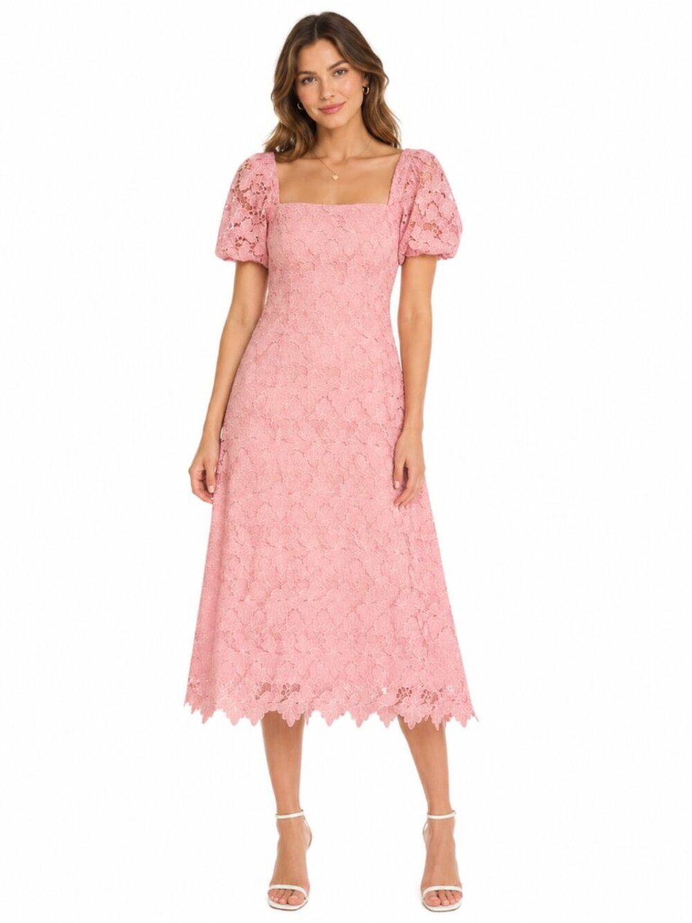 SHOSHANNA Pink All Over Floral Lace Puff Sleeve Square Neck Midi Dress Size 10